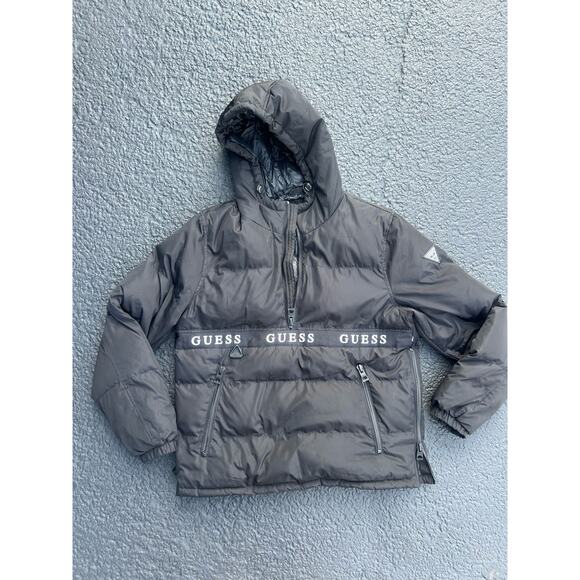 Men’s medium Guess black hooded popover puffer coat quarter zip puffer jacket - Picture 1 of 6